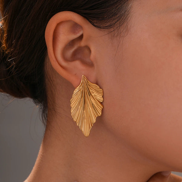 Fashion Gold Plated Leaf Drop Earrings – Elegant Stainless Steel Jewelry Gift for Women