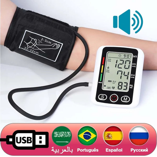 "Multilingual LED Arm Blood Pressure Monitor with Voice Broadcast"